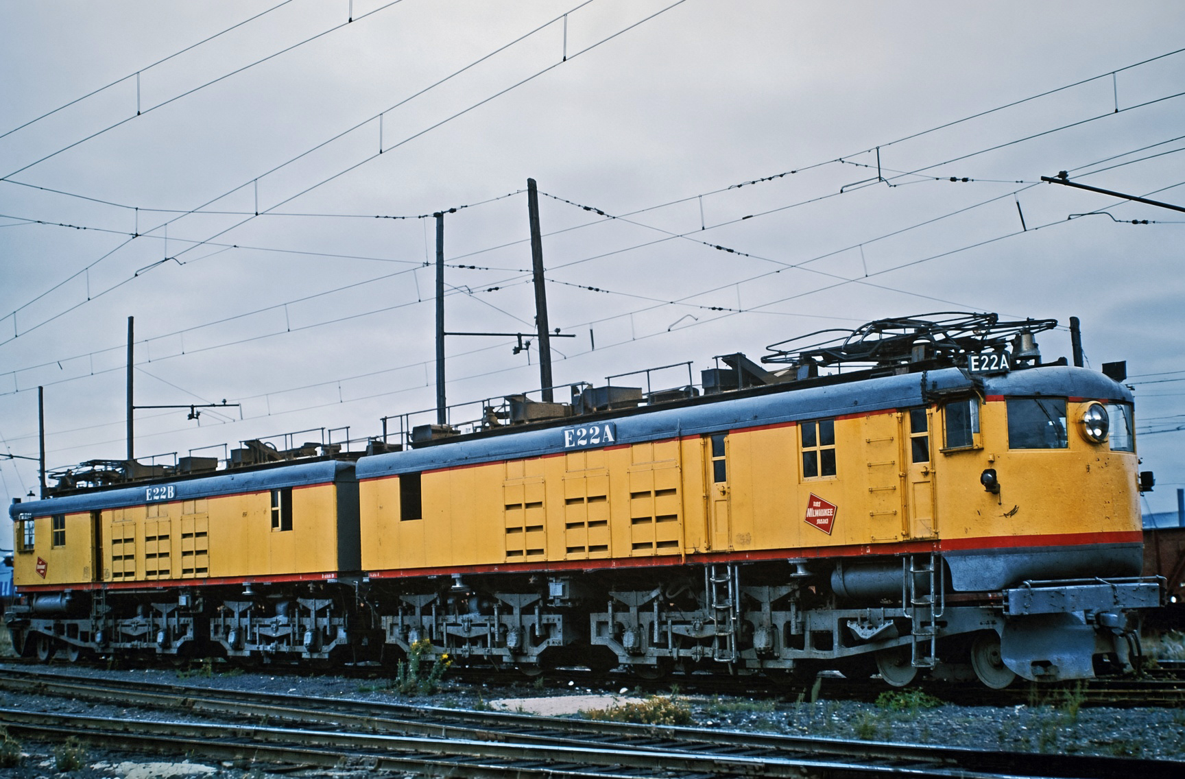 Milwaukee Road boxcabs E22A and E22B at Tacoma WA in 1958