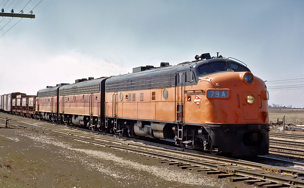 Milwaukee Road F7s led by 79-A at Sturtevant, Wisconsin, on April 12, 1966