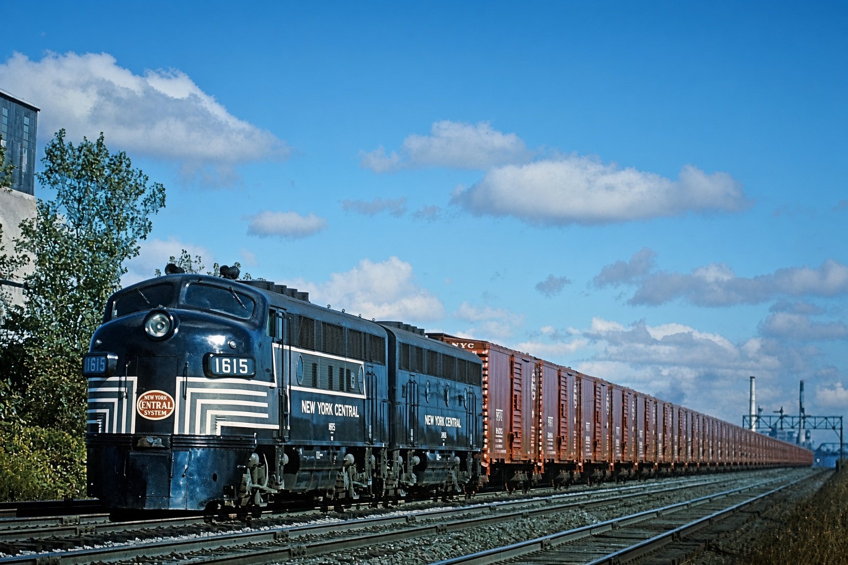 New York Central F3 1615 with nex boxcars at Rochester NY in 1947