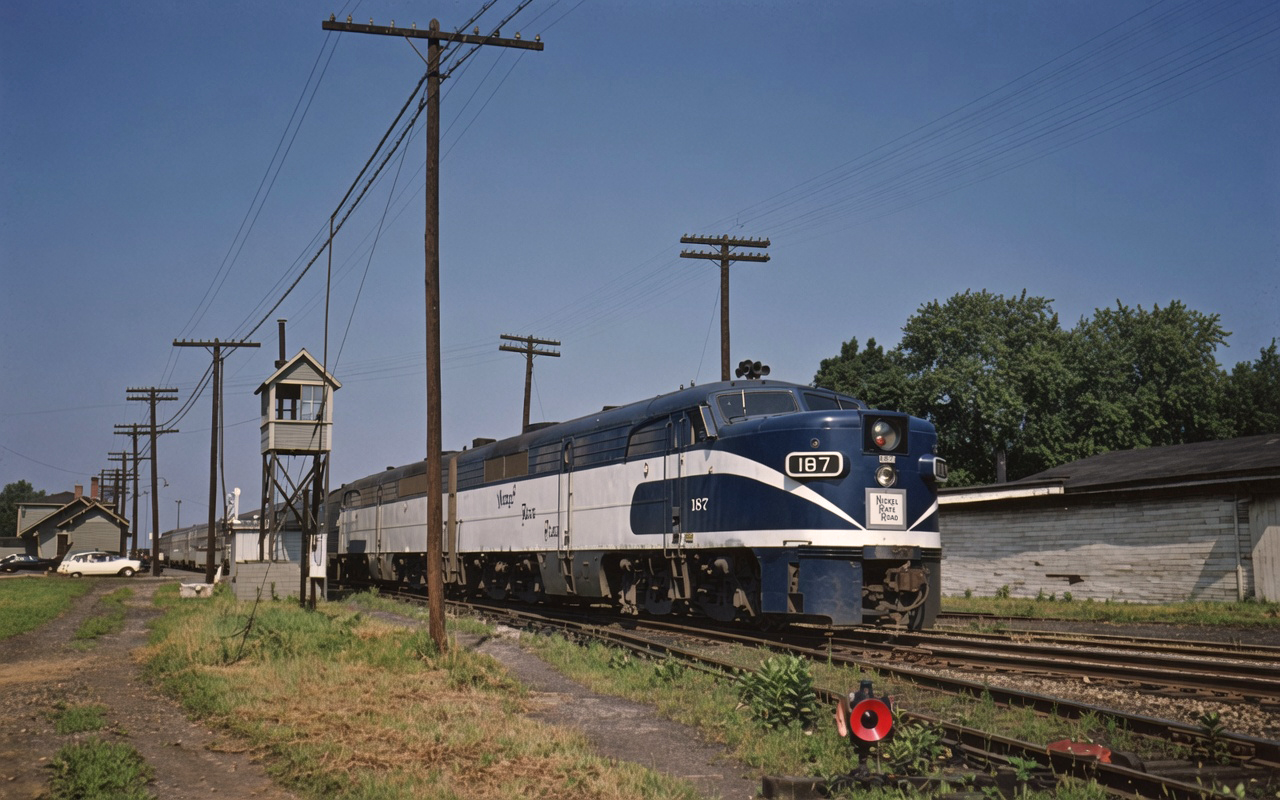 Nickel Plate Road PA-1 187 leading an eastbound passenger train at Conneaut, Ohio, circa 1955