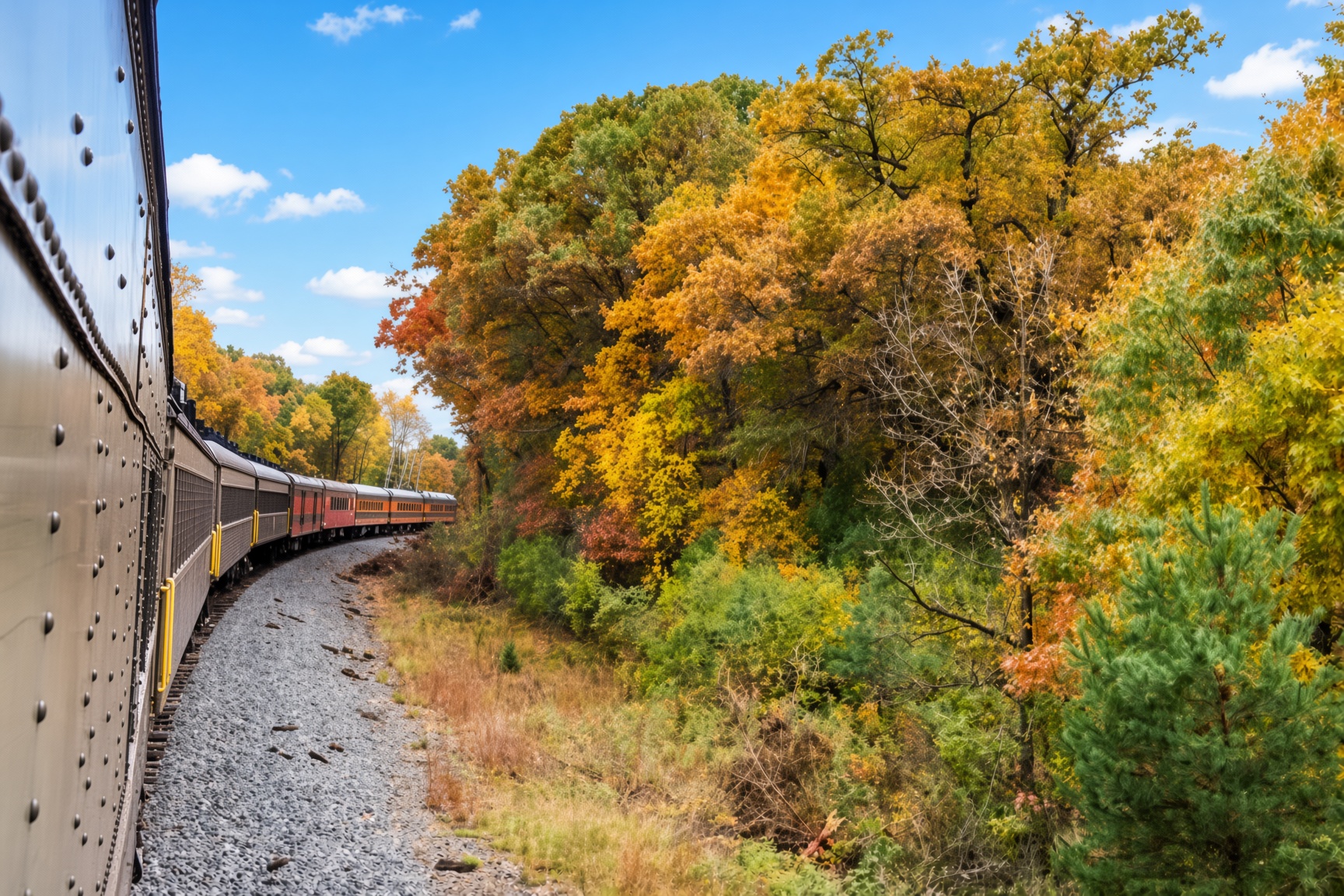 Osceola St Croix Valley train through Wisconsin fall river bluff colors