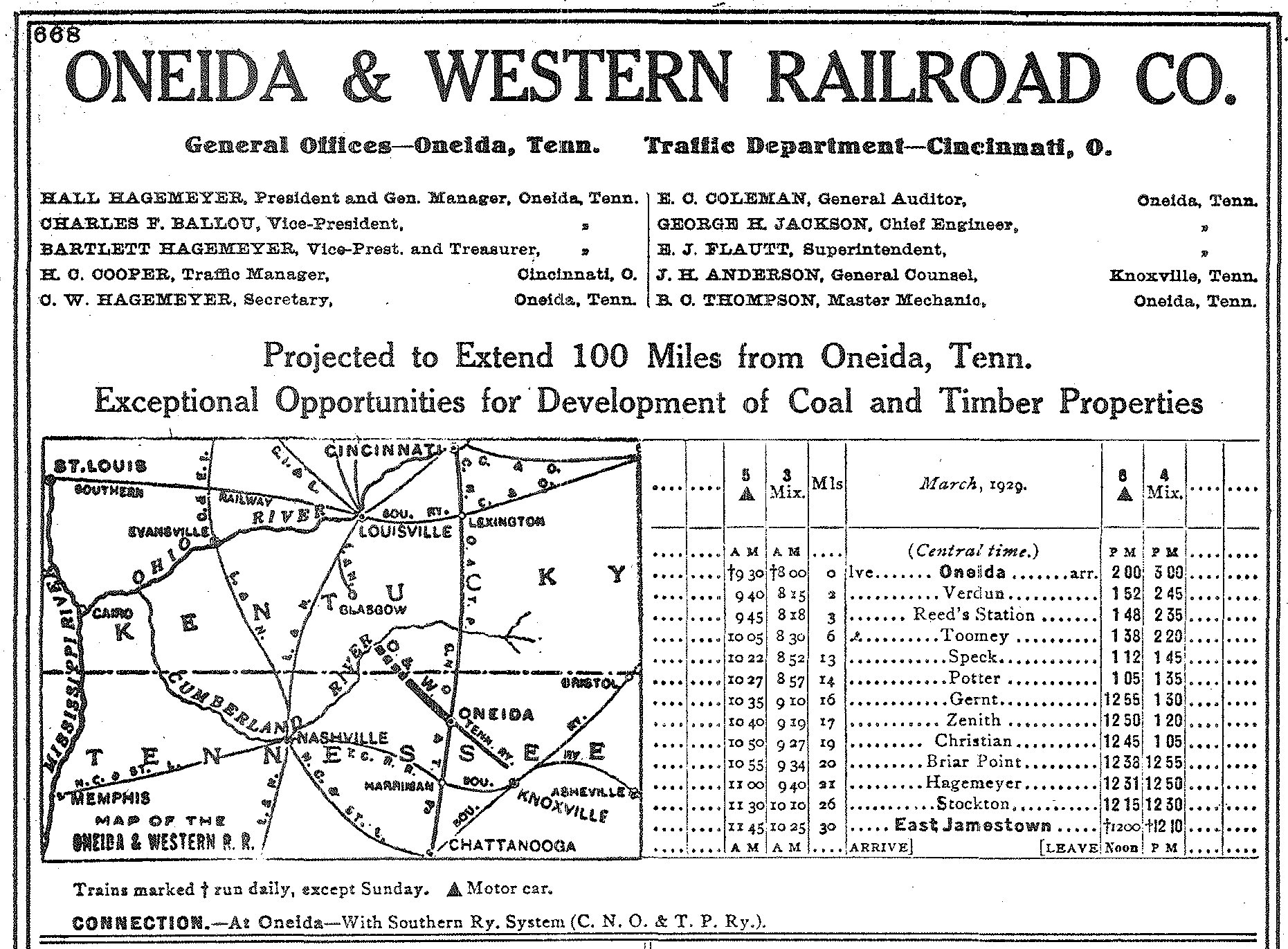 Oneida and Western Railroad entry in the Official Guide of the Railways, January 1930, with the March 1929 timetable ending at East Jamestown