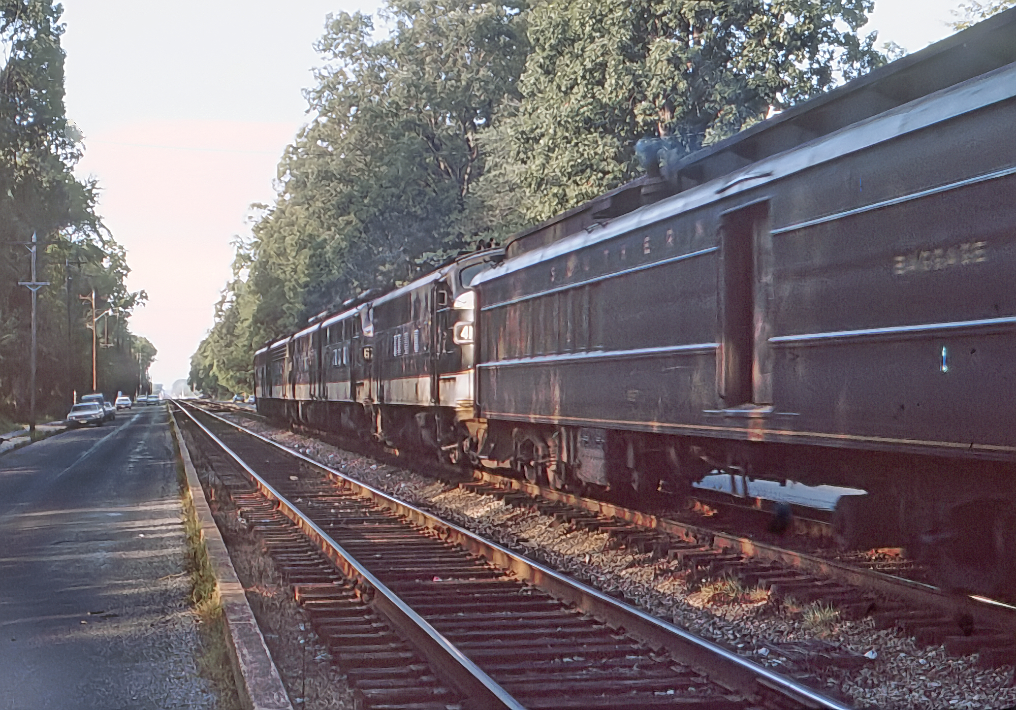 Southern Railway F3A No. 4135 leading a detouring passenger train north on the Richmond, Fredericksburg and Potomac at Ashland on August 22, 1969