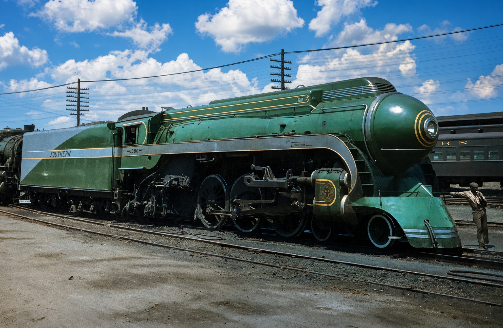 Southern Railway streamlined 4-6-2 1380 at North Avenue Roundhouse Atlanta Georgia August 1947
