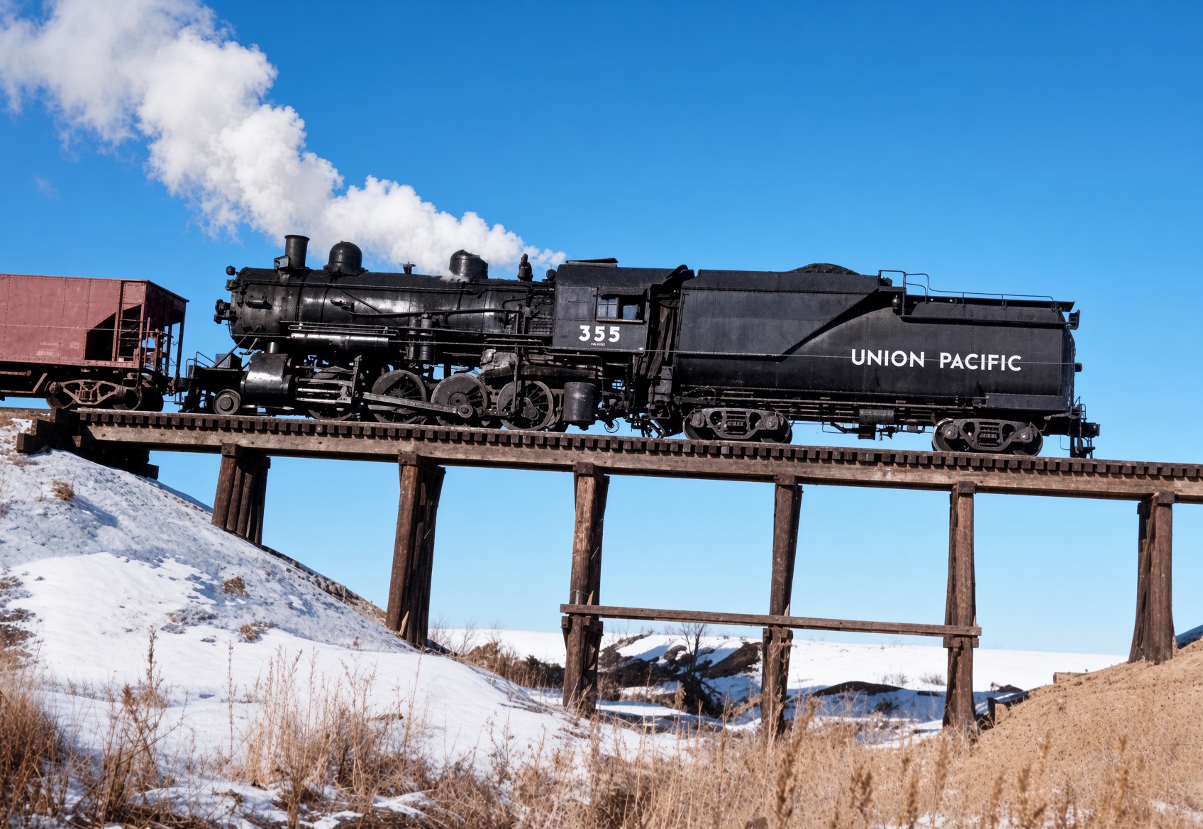Union Pacific 2-8-0 355 wood pile bridge Crow Valley Branch Greeley Colorado 1956