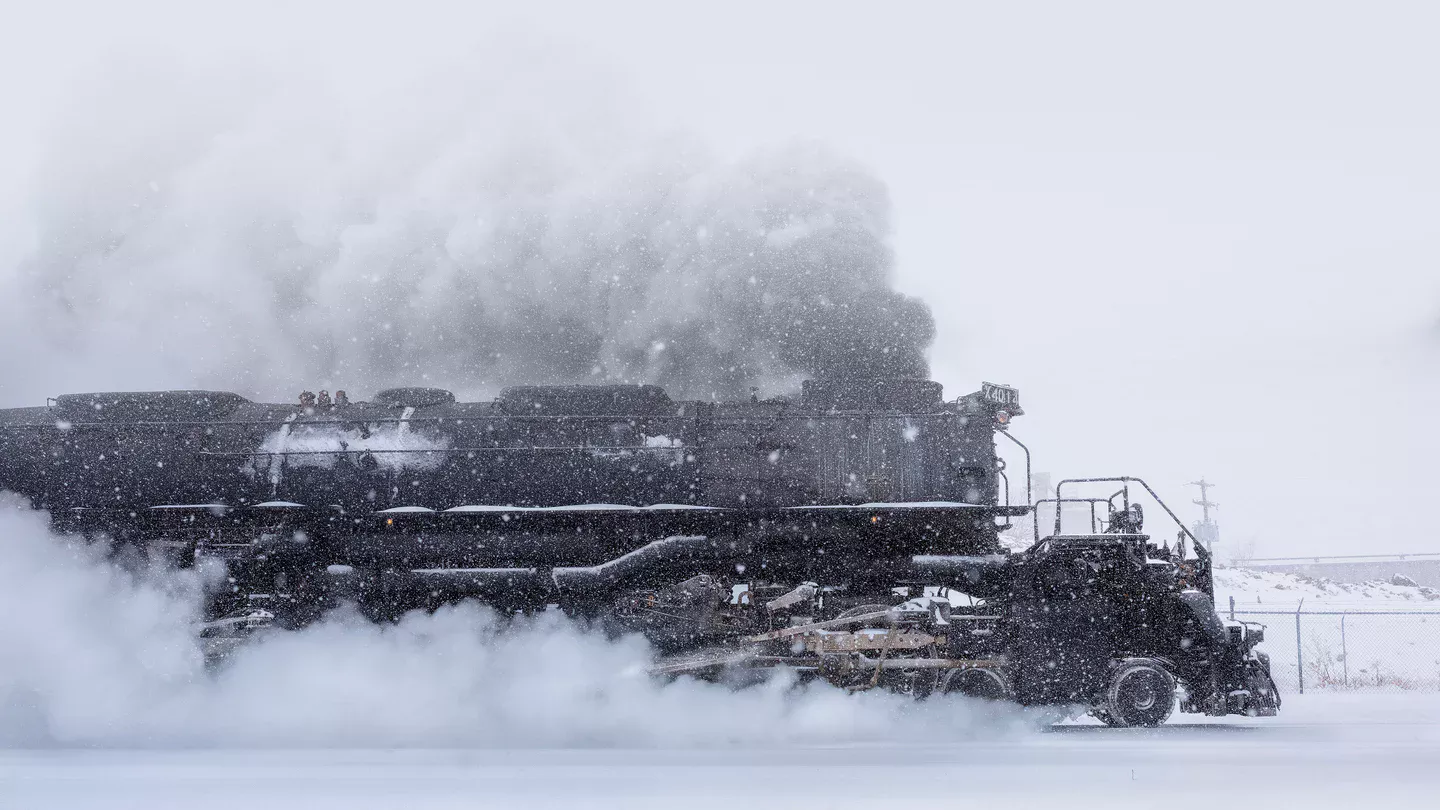Union Pacific Big Boy No. 4014 steam locomotive operating in falling snow