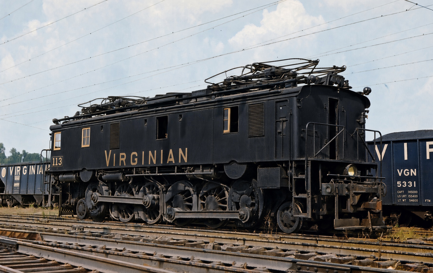 Virginian Railway boxcab No. 113, class EL-1a, under the wires at Princeton, West Virginia, circa 1957