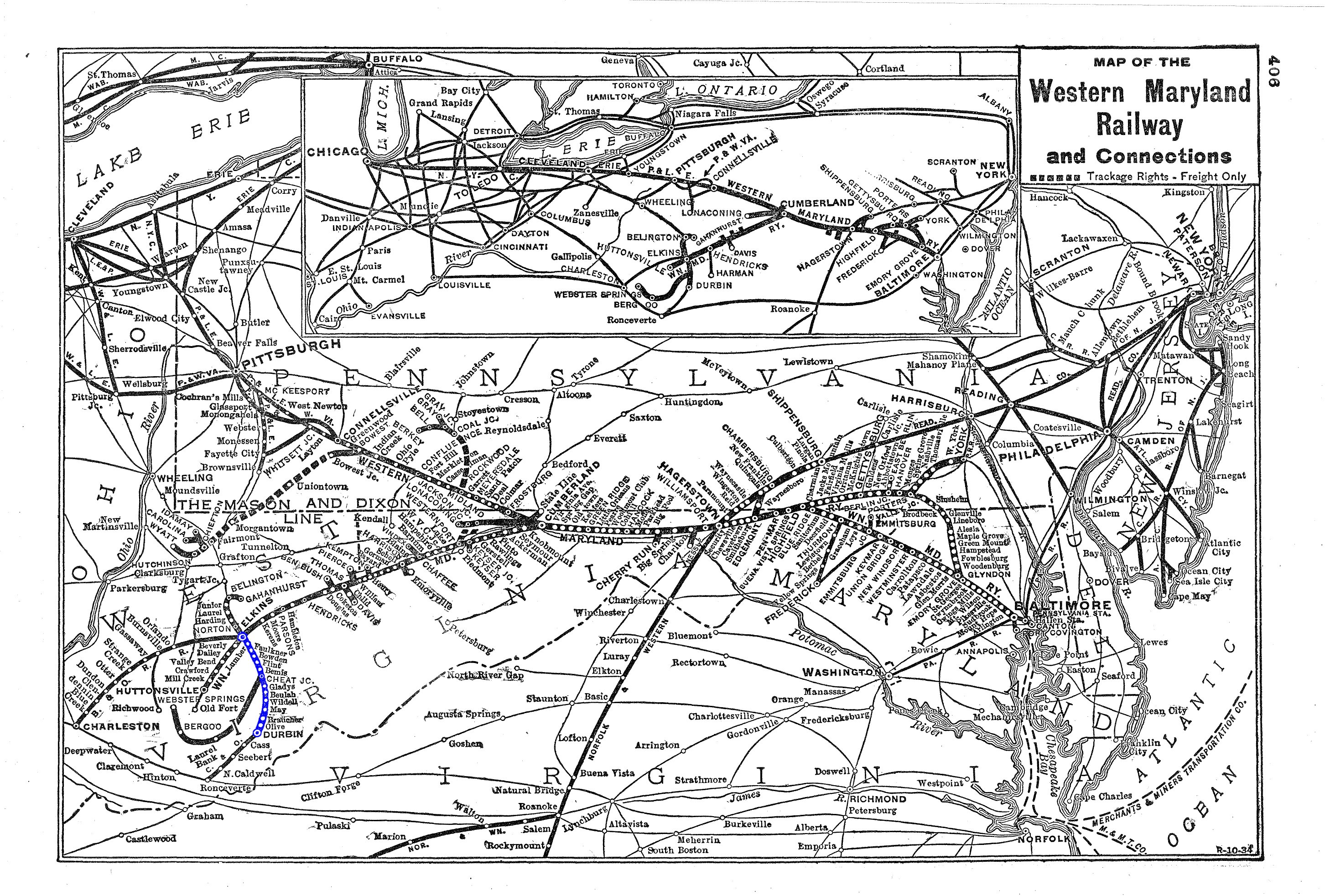 1940 Western Maryland system map with the Durbin Branch from Elkins to Durbin highlighted in blue