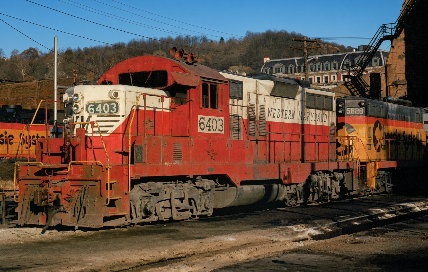 Western Maryland chop-nose GP9 6403 in Grafton WV