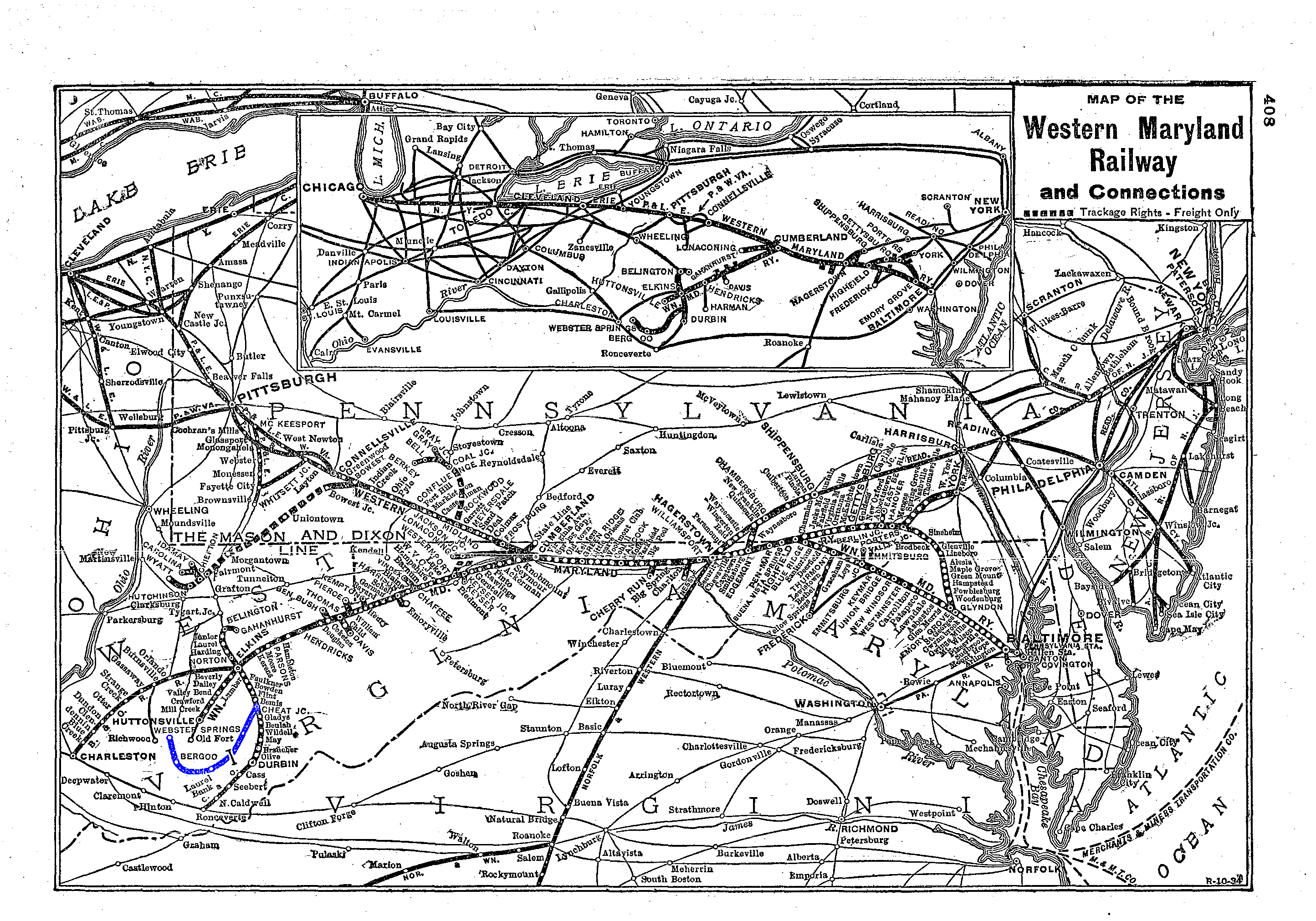 Western Maryland system map from 1934 featuring the GC&E Subdivision