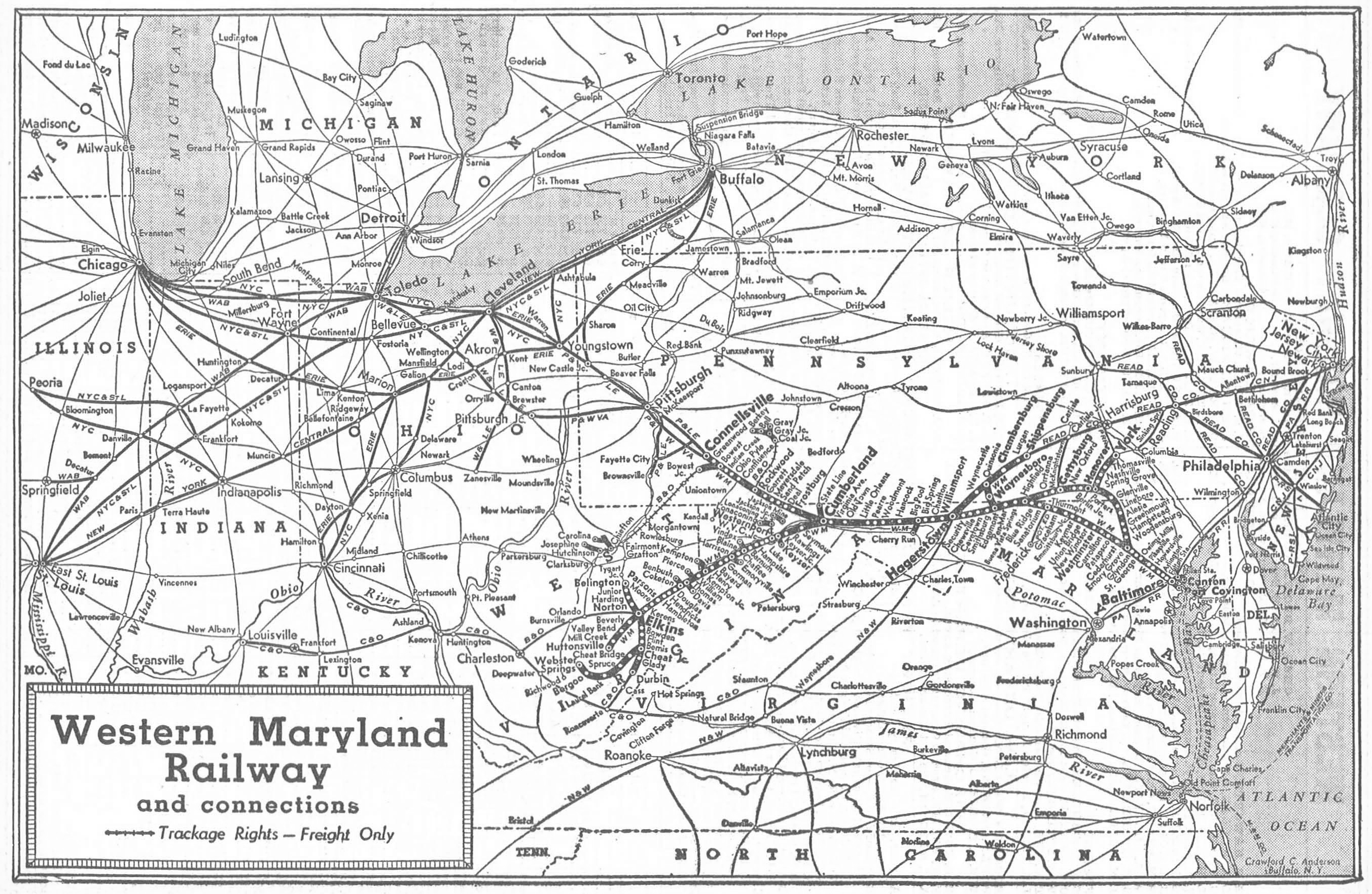 Western Maryland Railway system map from the 1941 Official Guide of the Railways